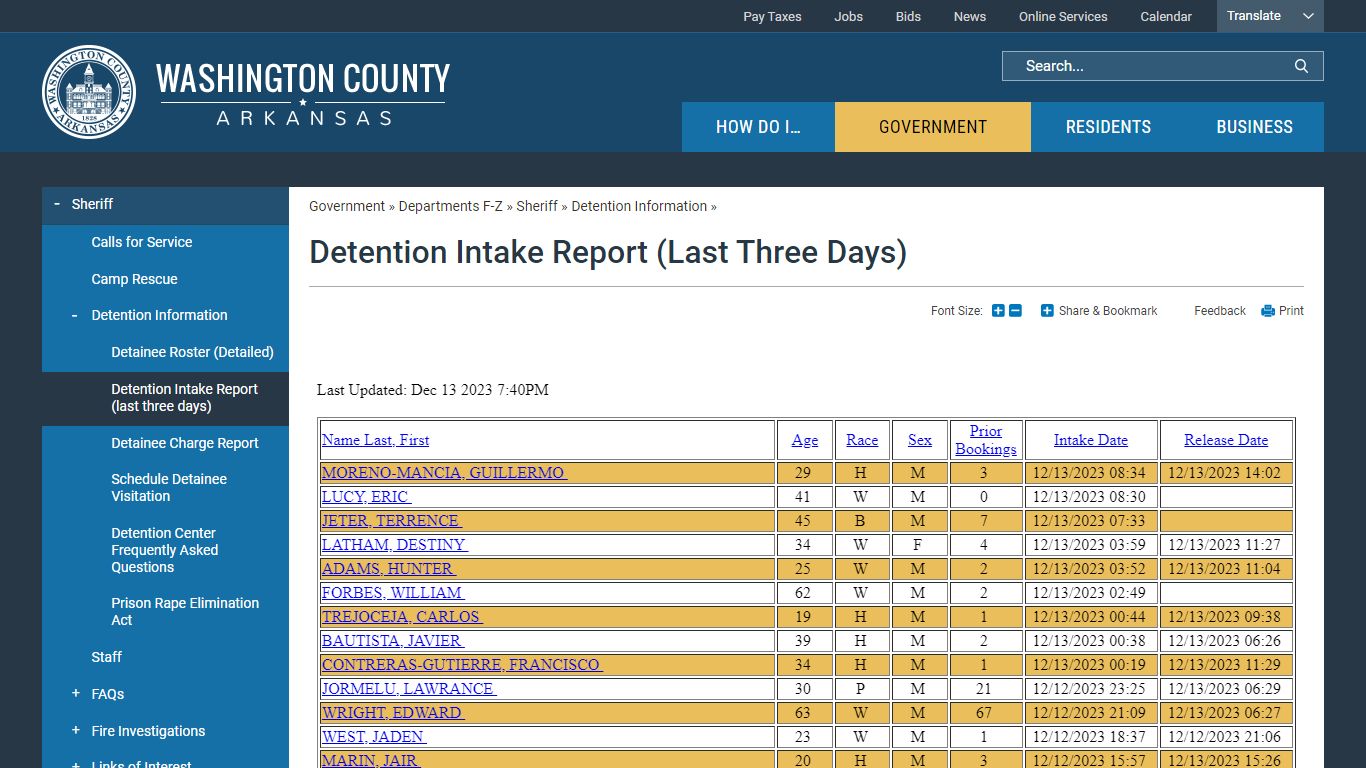Detention Intake Report (last three days) | Washington County, AR